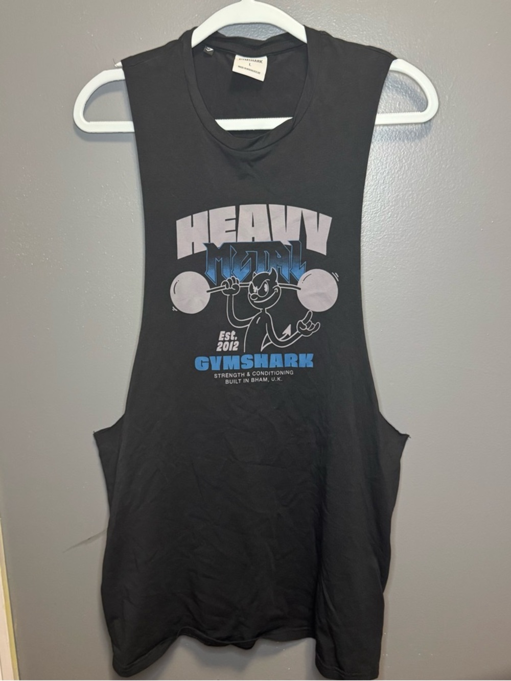 Gymshark Men’s Black Muscle Tank with Blue & Light Gray Graphic Heavy Metal